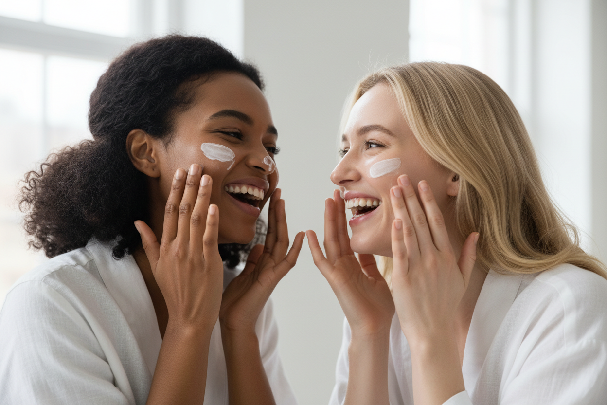 dark and white skinned woman, laughing, looking at each other, applying face cream, product package like tube isn't visible, bright background