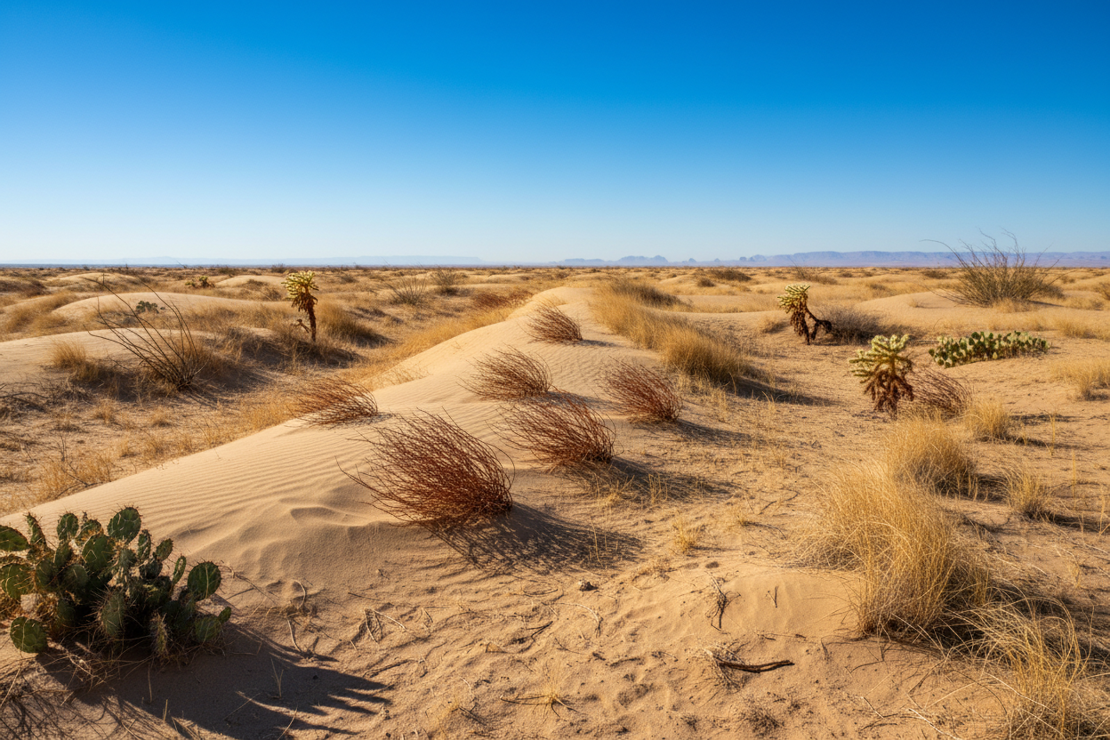 dry desert on a sunny hot day with tumbleweeds